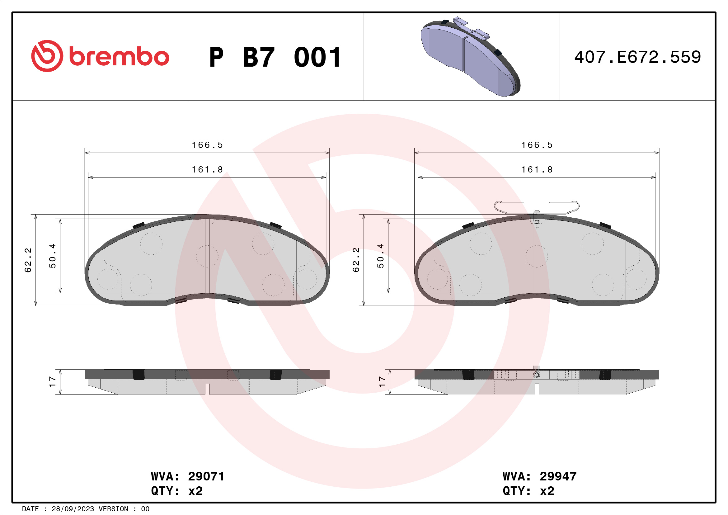A.B.S. P B7 001 BREMBO Bremsbelagsatz, Scheibenbremse